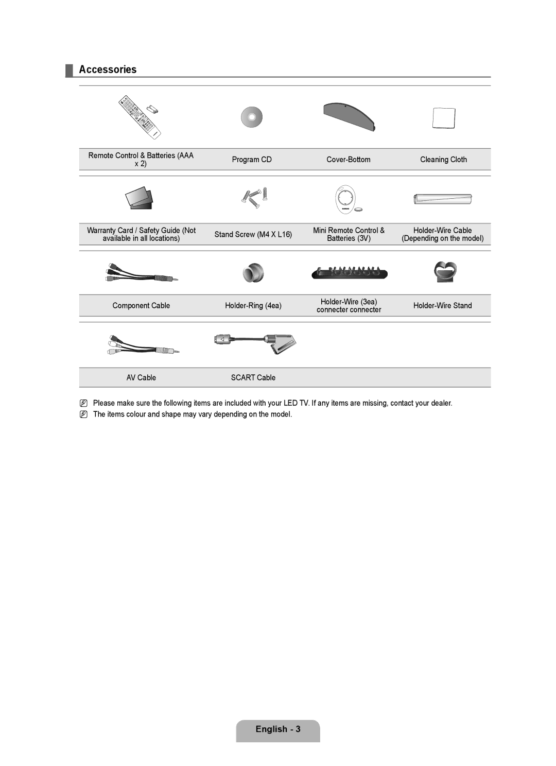 Samsung UE40B7090WWXZG manual Accessories, Program CD Cover-Bottom Cleaning Cloth, Stand Screw M4 X L16, Holder-Wire Stand 