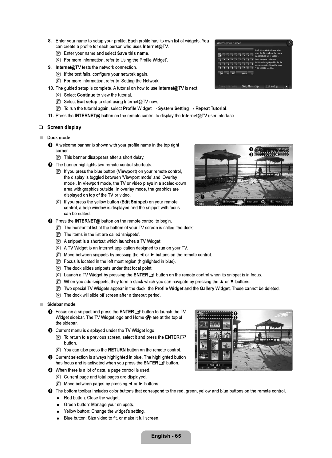 Samsung UE40B7090WWXZG, UE46B7090WWXZG manual Dock mode, Sidebar mode, Move between pages by pressing or buttons 