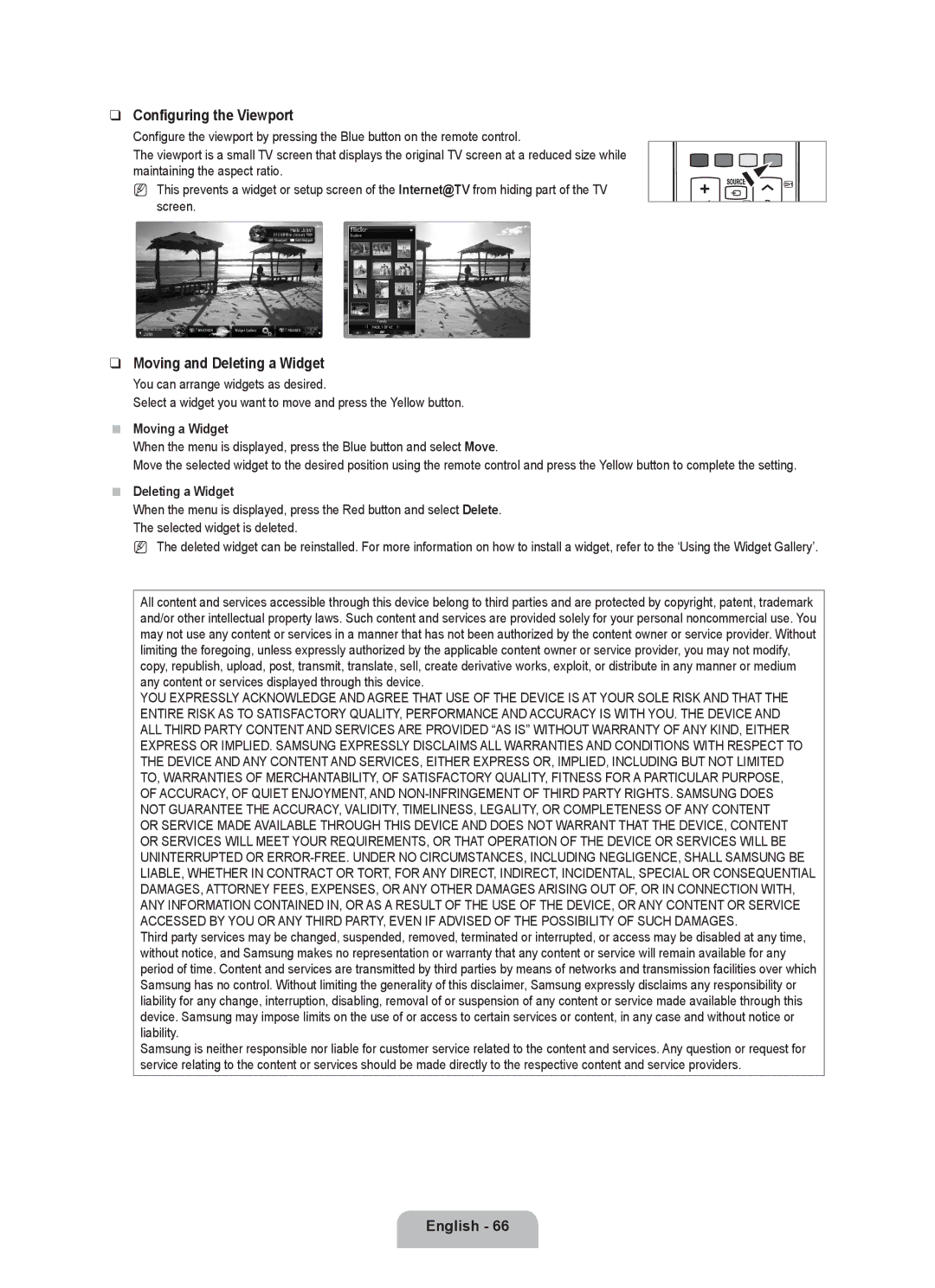 Samsung UE46B7090WWXZG, UE40B7090WWXZG manual Configuring the Viewport, Moving and Deleting a Widget, Moving a Widget 