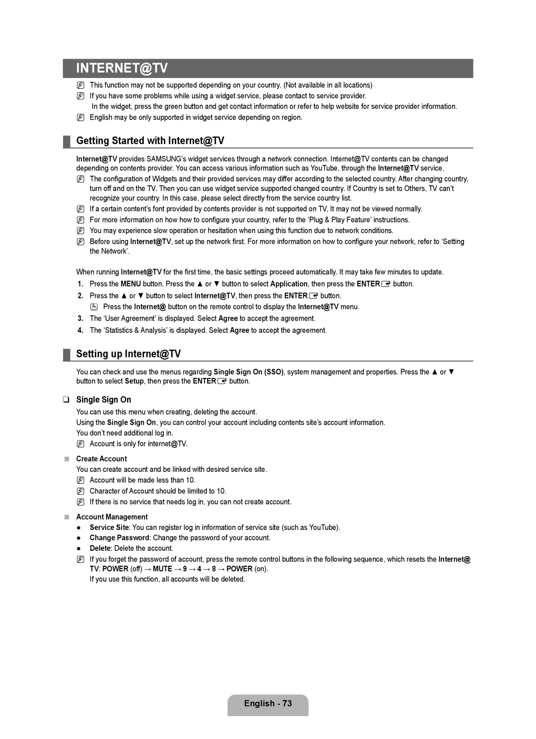 Samsung UE40B7090WWXZG, UE46B7090WWXZG manual Setting up Internet@TV, Single Sign On, Create Account, Account Management 
