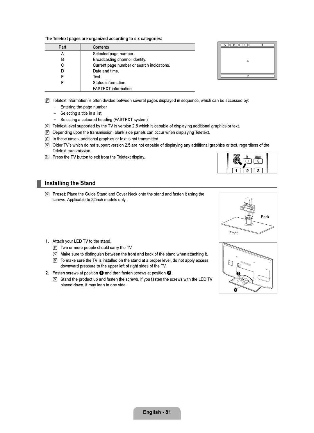 Samsung UE40B7090WWXZG, UE46B7090WWXZG manual Installing the Stand, Teletext pages are organized according to six categories 