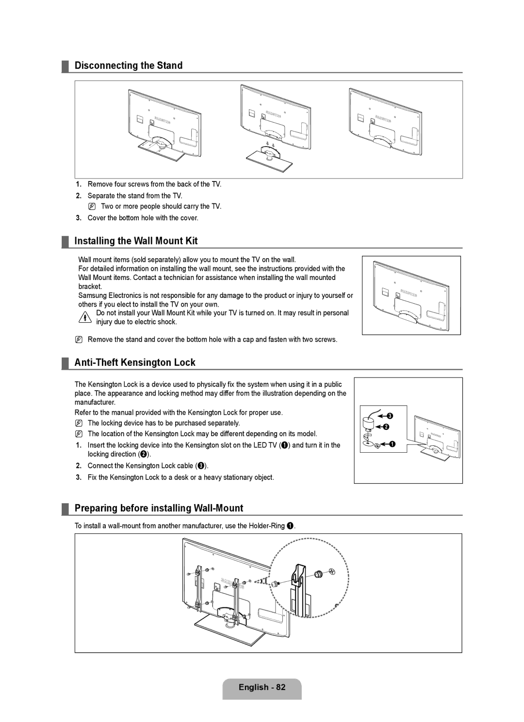 Samsung UE46B7090WWXZG, UE40B7090WWXZG Disconnecting the Stand, Installing the Wall Mount Kit, Anti-Theft Kensington Lock 