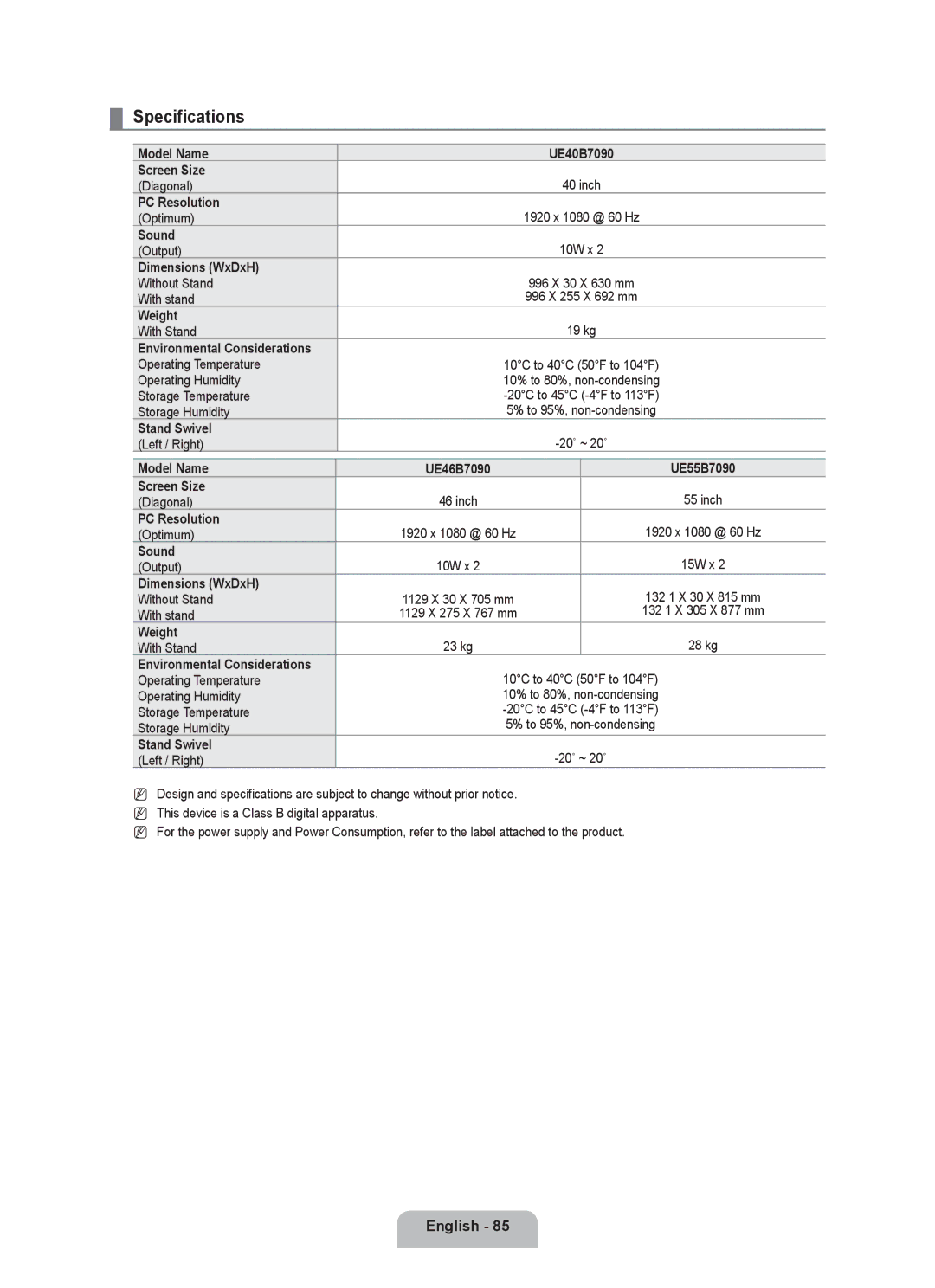 Samsung UE40B7090WWXZG, UE46B7090WWXZG manual Specifications 