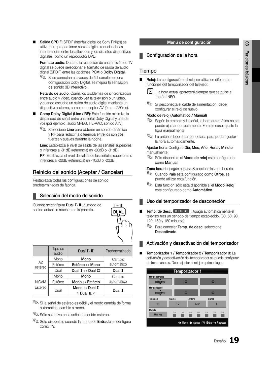 Samsung UE40C5100QWXZG, UE46C5100QWXZG, UE32C5100QWXZG, UE37C5100QWXZG manual Reinicio del sonido Aceptar / Cancelar, Tiempo 