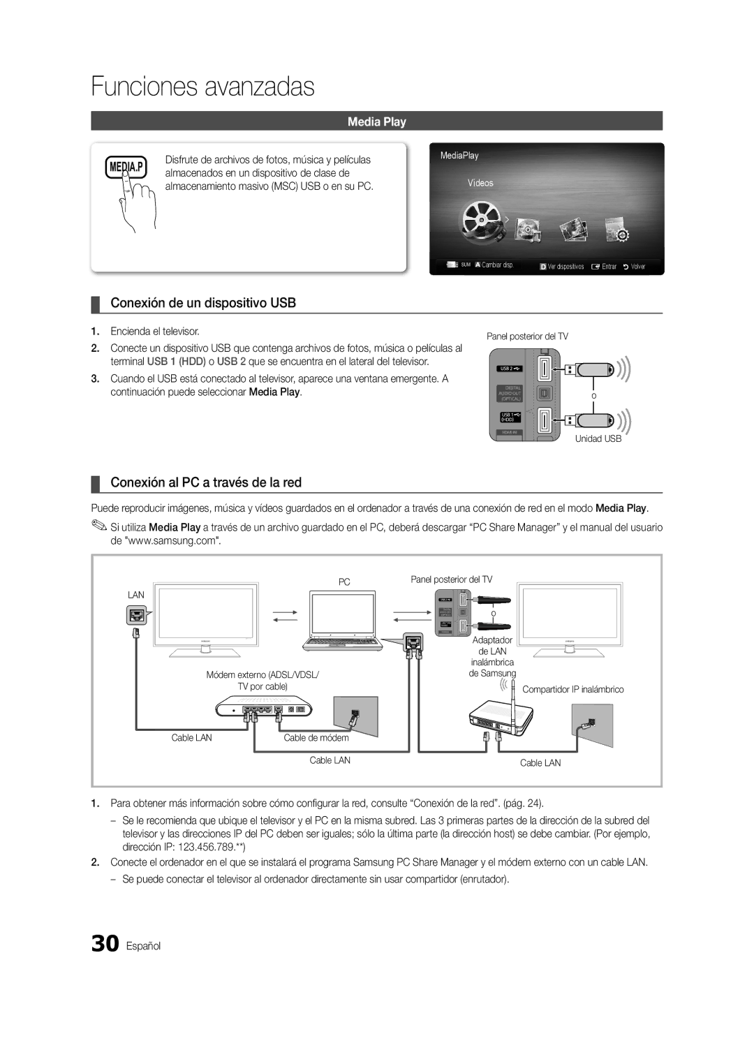 Samsung UE46C5100QWXXC, UE46C5100QWXZG manual Conexión de un dispositivo USB, Conexión al PC a través de la red, Media Play 