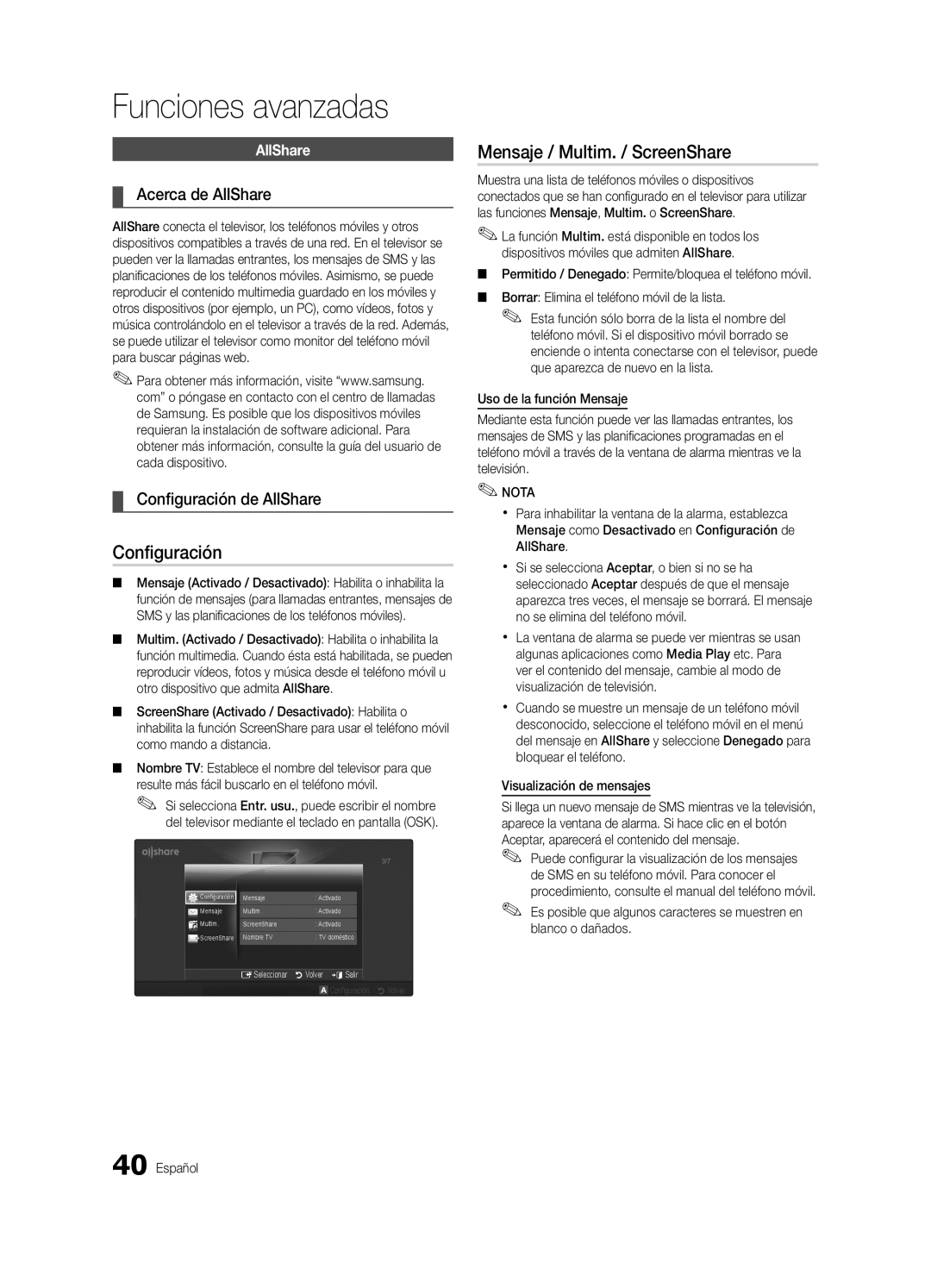 Samsung UE37C5100QWXXC, UE46C5100QWXZG Mensaje / Multim. / ScreenShare, Acerca de AllShare, Configuración de AllShare 