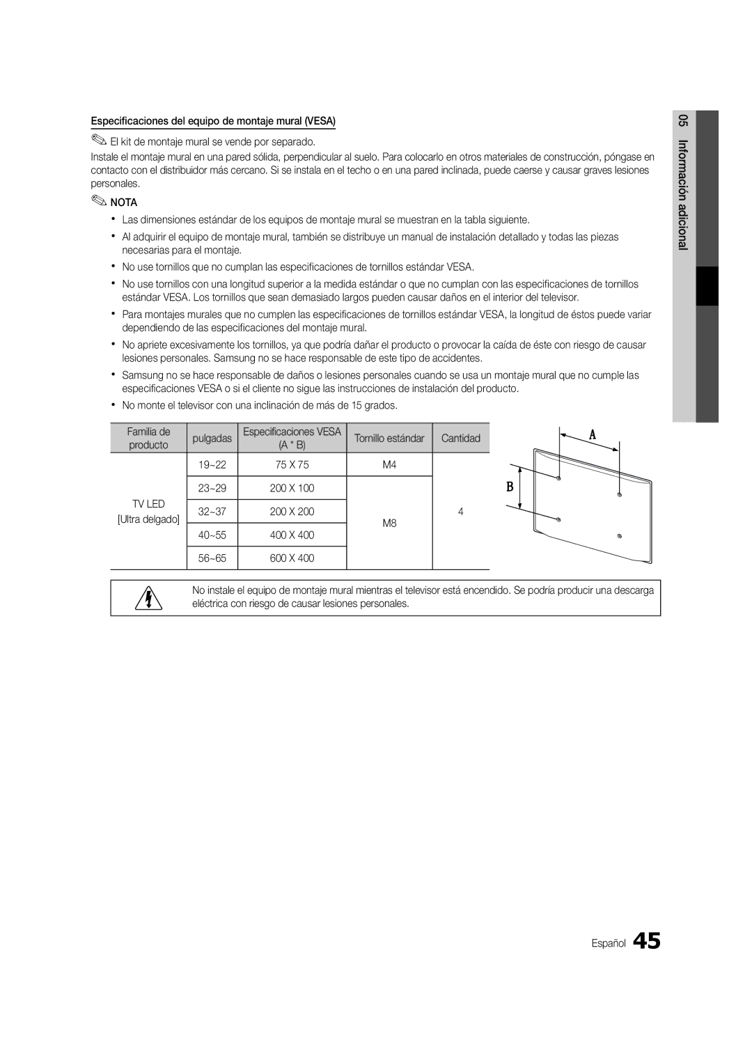 Samsung UE32C5100QWXZG Cantidad, Especificaciones Vesa Tornillo estándar, Producto 19~22 75 X 23~29 200 X, 32~37 200 X 