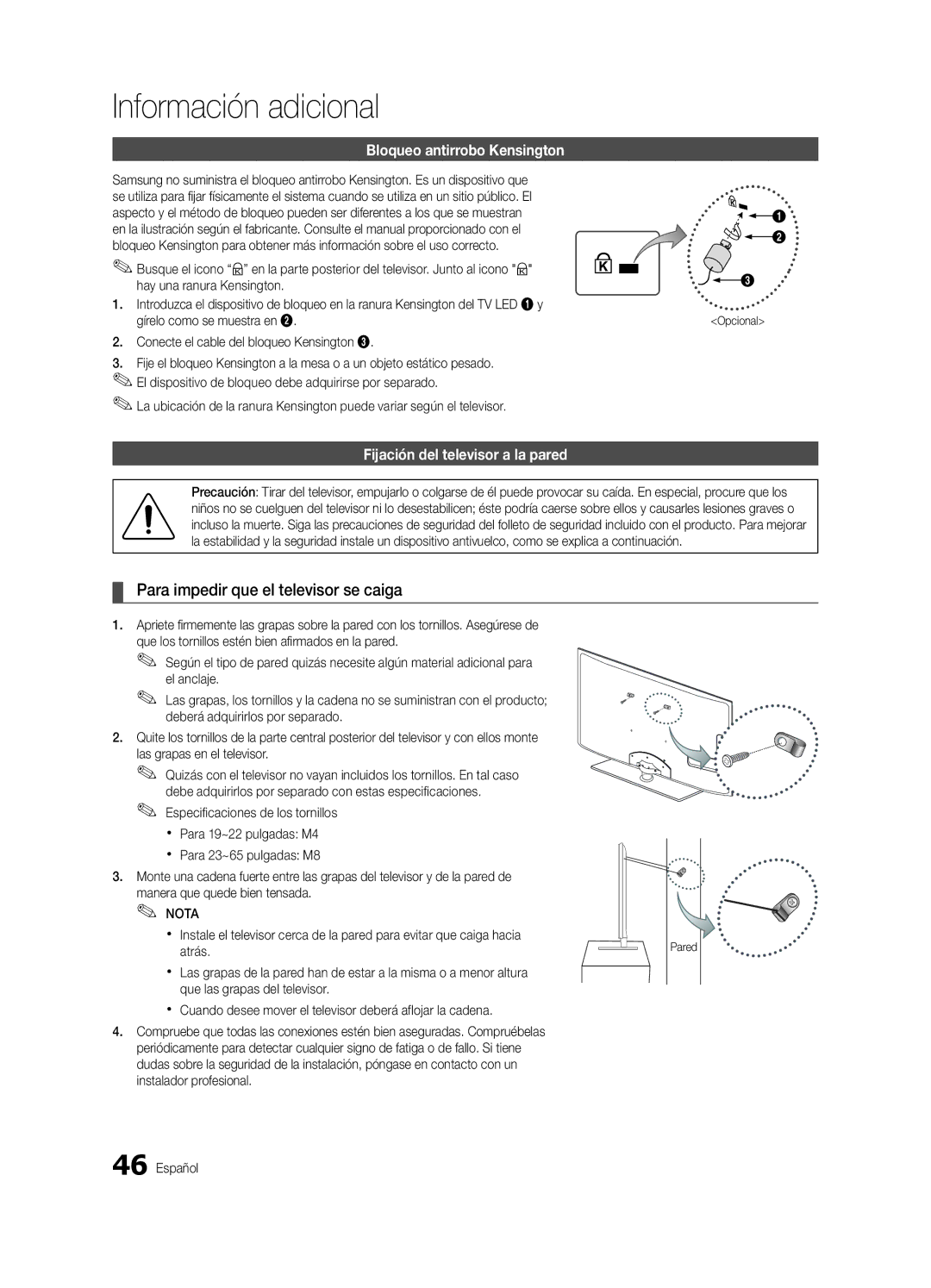 Samsung UE40C5100QWXZG manual Para impedir que el televisor se caiga, Bloqueo antirrobo Kensington, Atrás, Opcional 