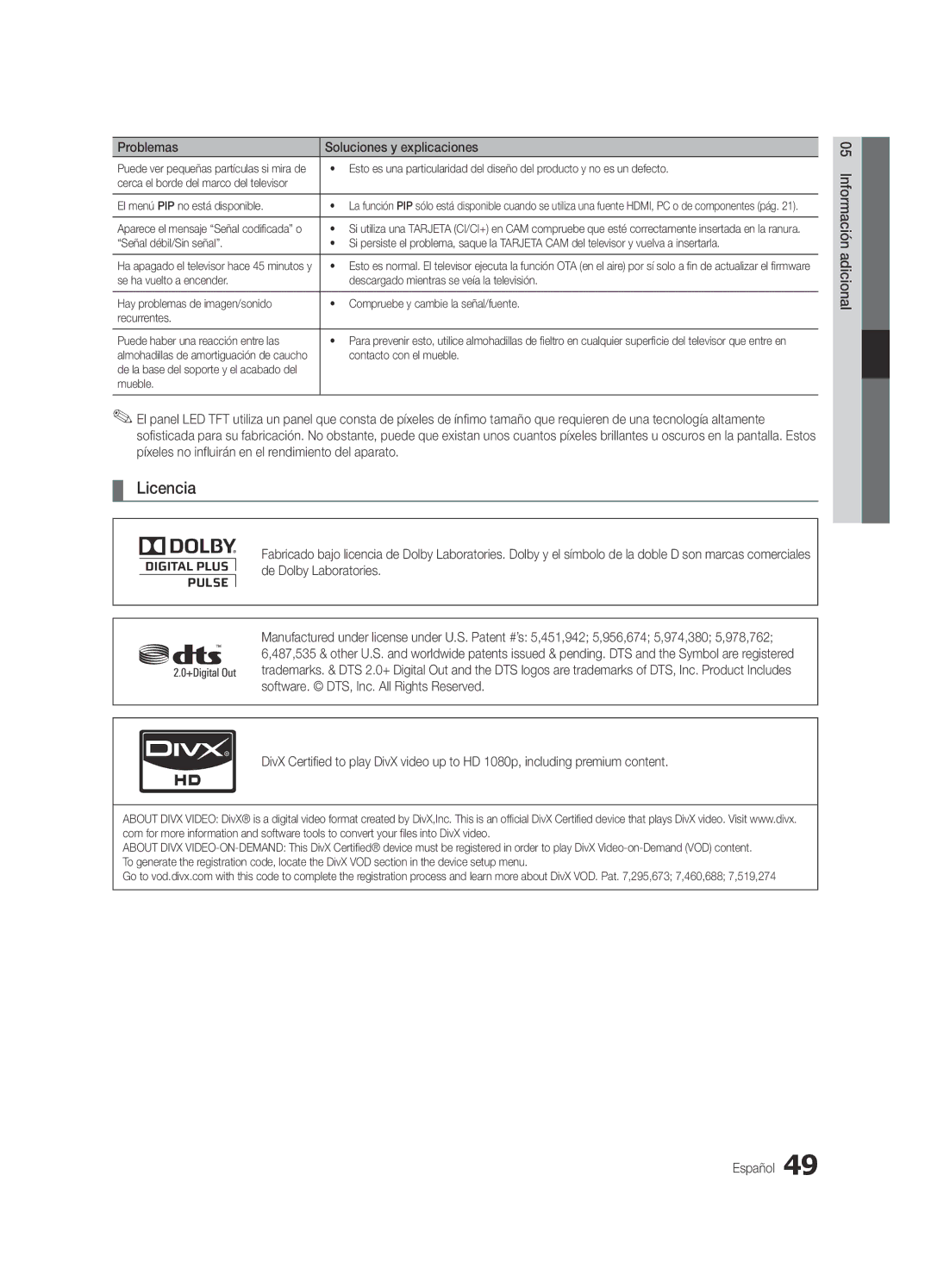 Samsung UE37C5100QWXXC, UE46C5100QWXZG, UE32C5100QWXZG, UE40C5100QWXZG manual Licencia, Contacto con el mueble, Mueble 