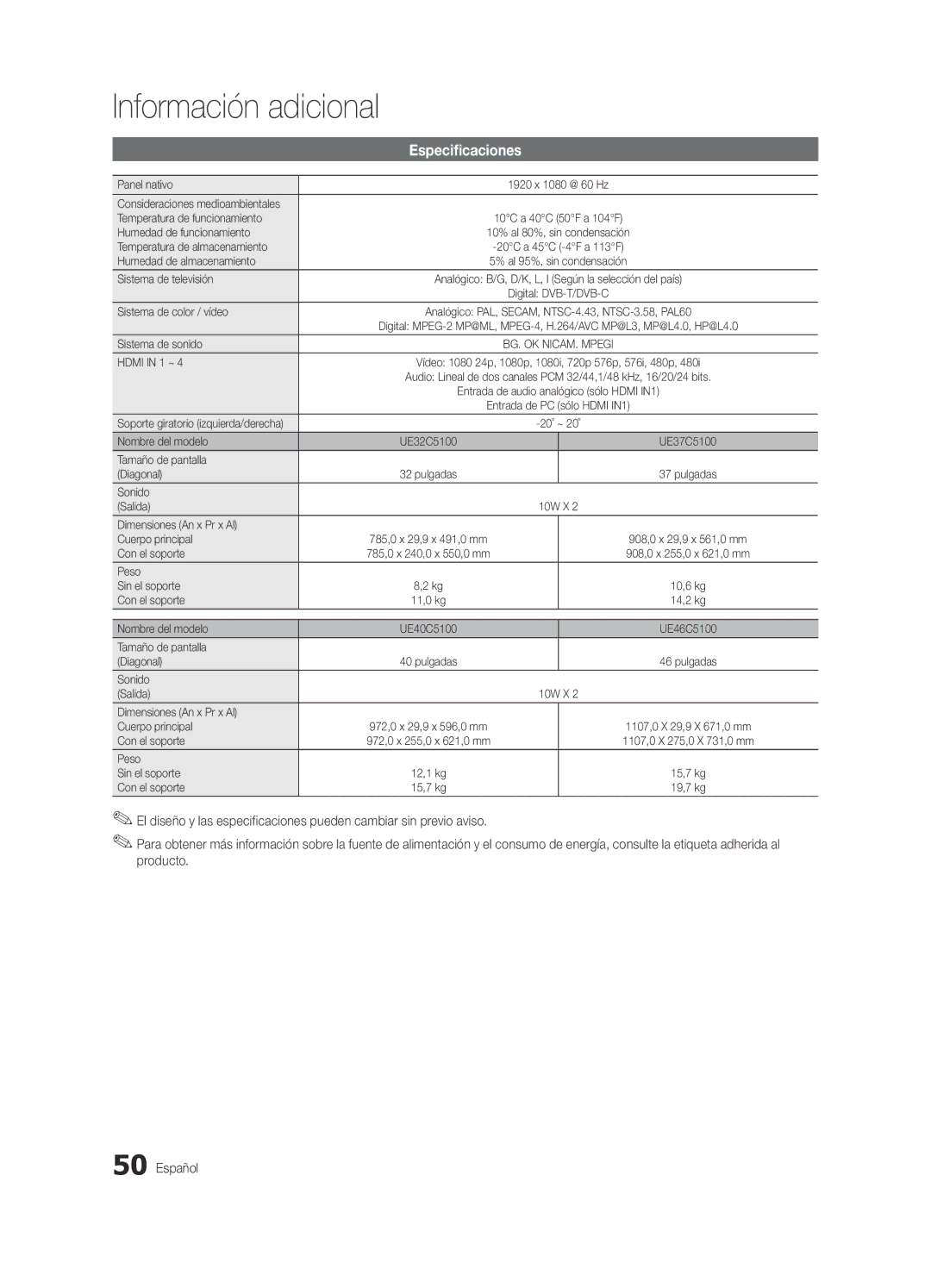 Samsung UE32C5100QWXXC, UE46C5100QWXZG, UE32C5100QWXZG, UE40C5100QWXZG, UE37C5100QWXZG, UE46C5100QWXXC manual Especificaciones 