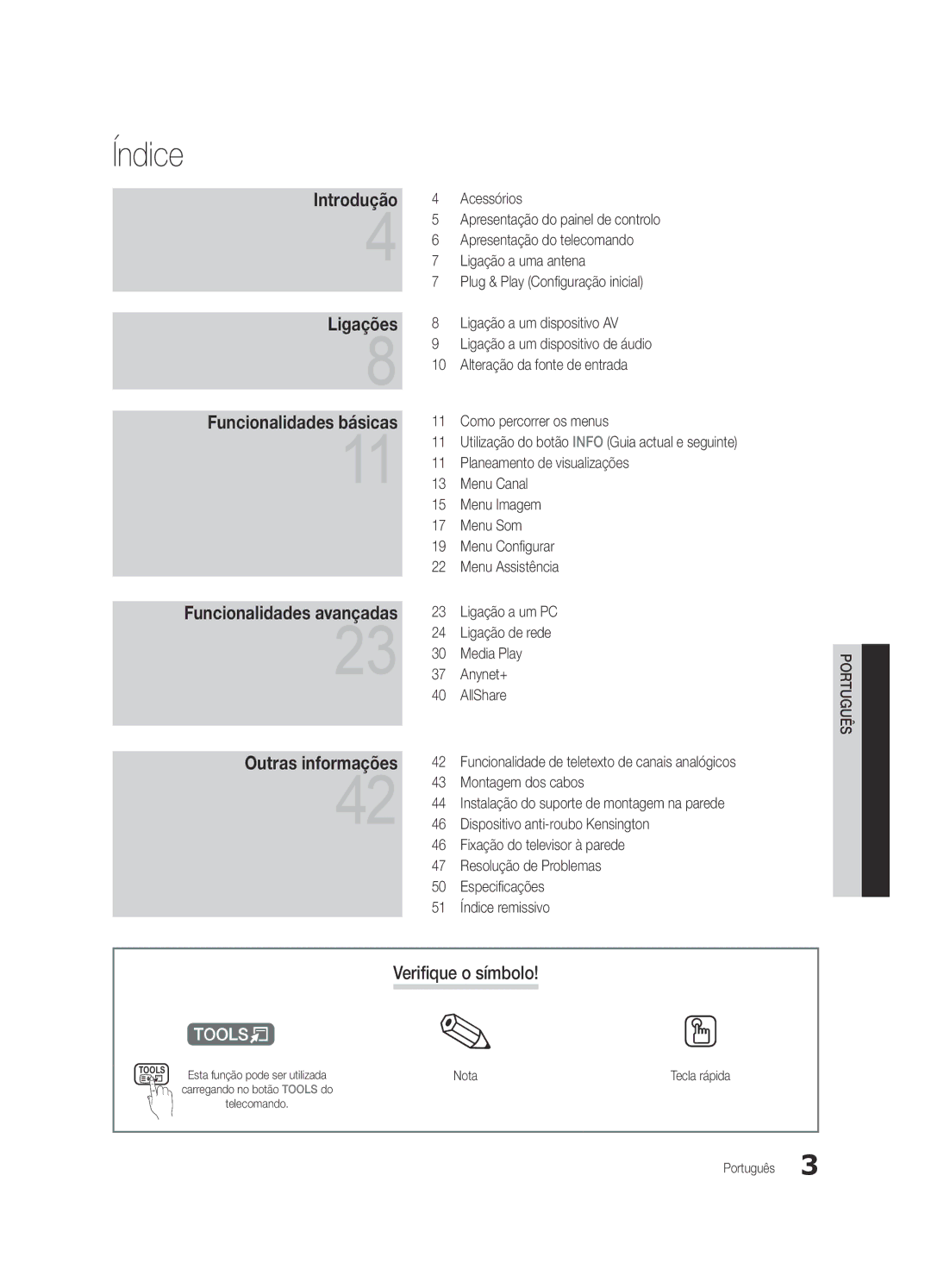 Samsung UE46C5100QWXZG, UE32C5100QWXZG, UE40C5100QWXZG, UE37C5100QWXZG, UE46C5100QWXXC manual Índice, Símbolo, Verifique 