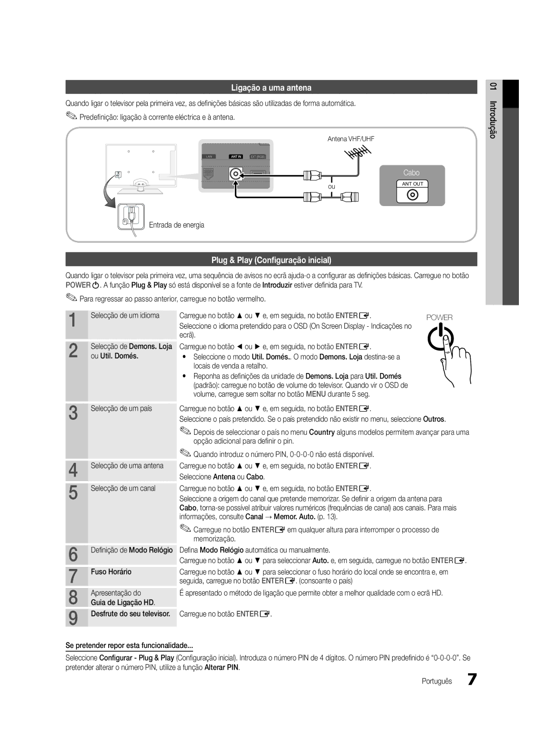 Samsung UE46C5100QWXXC, UE46C5100QWXZG Ligação a uma antena, Plug & Play Configuração inicial, Entrada de energia, Ecrã 