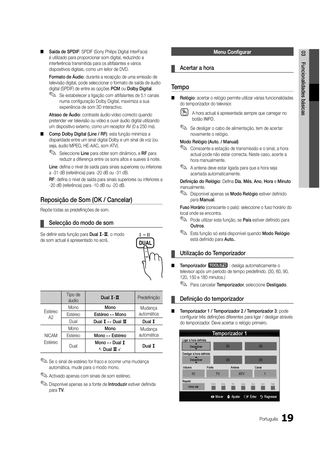 Samsung UE40C5100QWXXC, UE46C5100QWXZG, UE32C5100QWXZG, UE40C5100QWXZG, UE37C5100QWXZG Reposição de Som OK / Cancelar, Tempo 