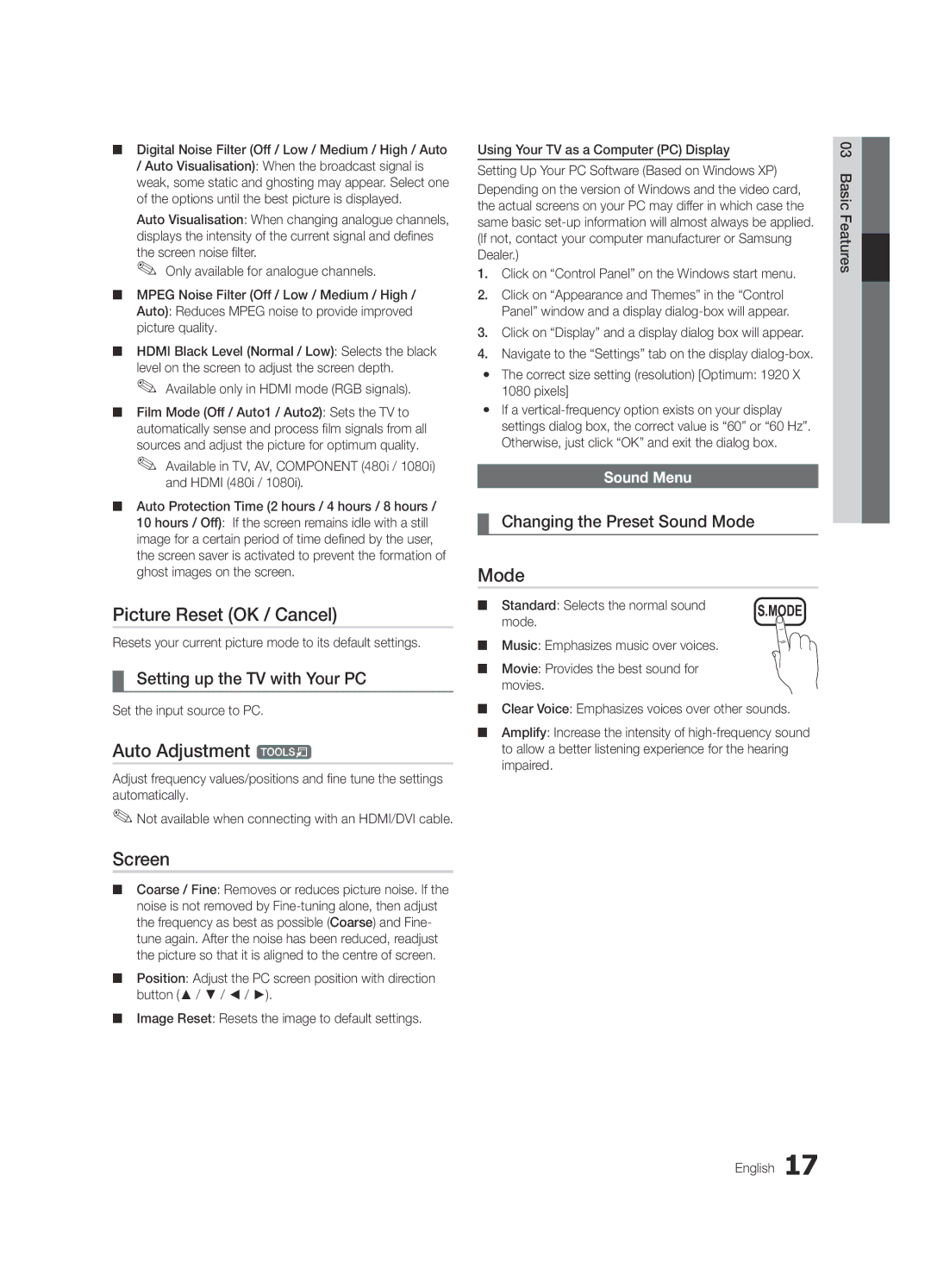 Samsung UE46C5100QWXXU manual Picture Reset OK / Cancel, Auto Adjustment t, Screen, Setting up the TV with Your PC 