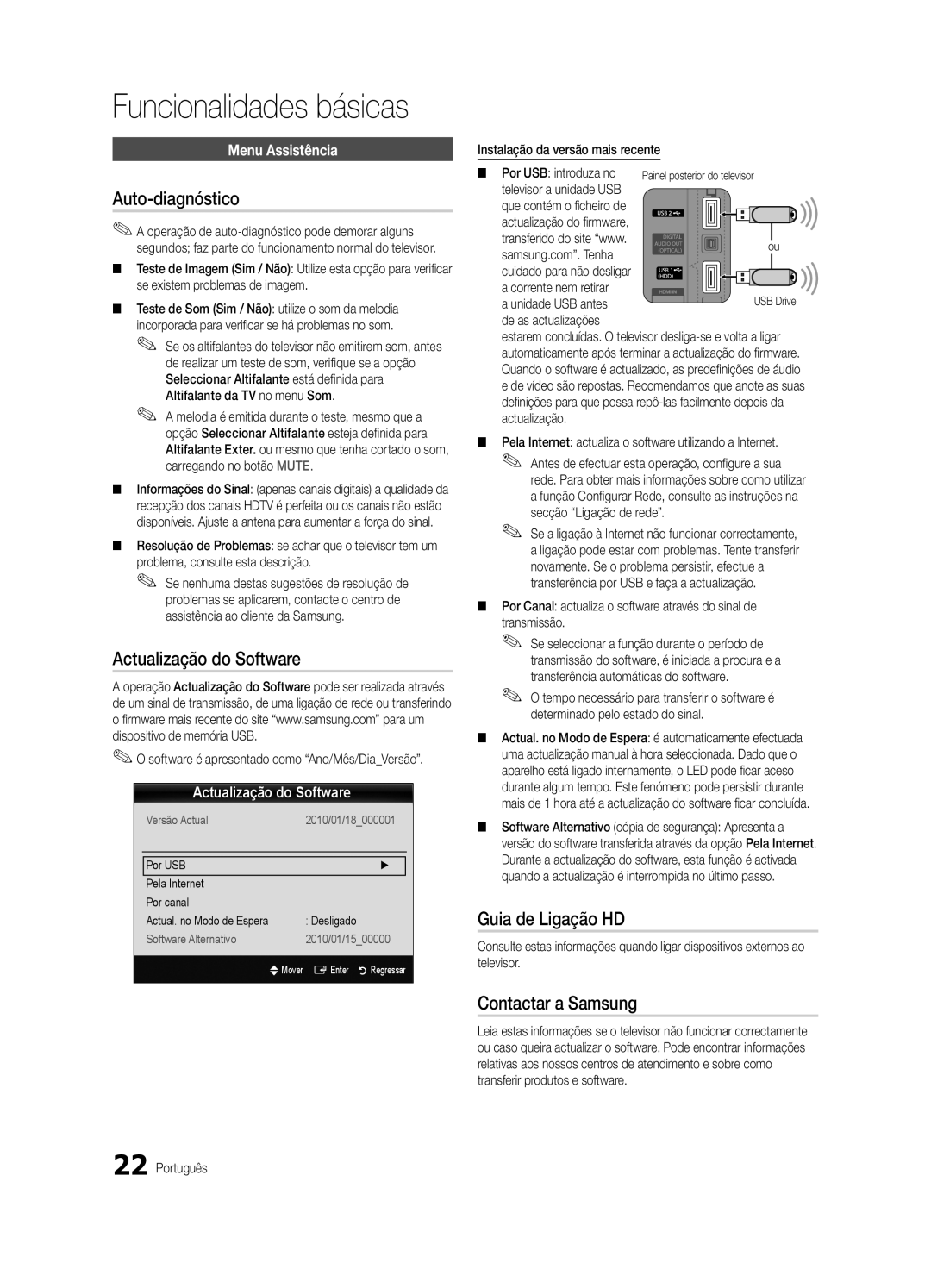 Samsung UE32C5100QWXZG, UE46C5100QWXZG Auto-diagnóstico, Actualização do Software, Guia de Ligação HD, Contactar a Samsung 