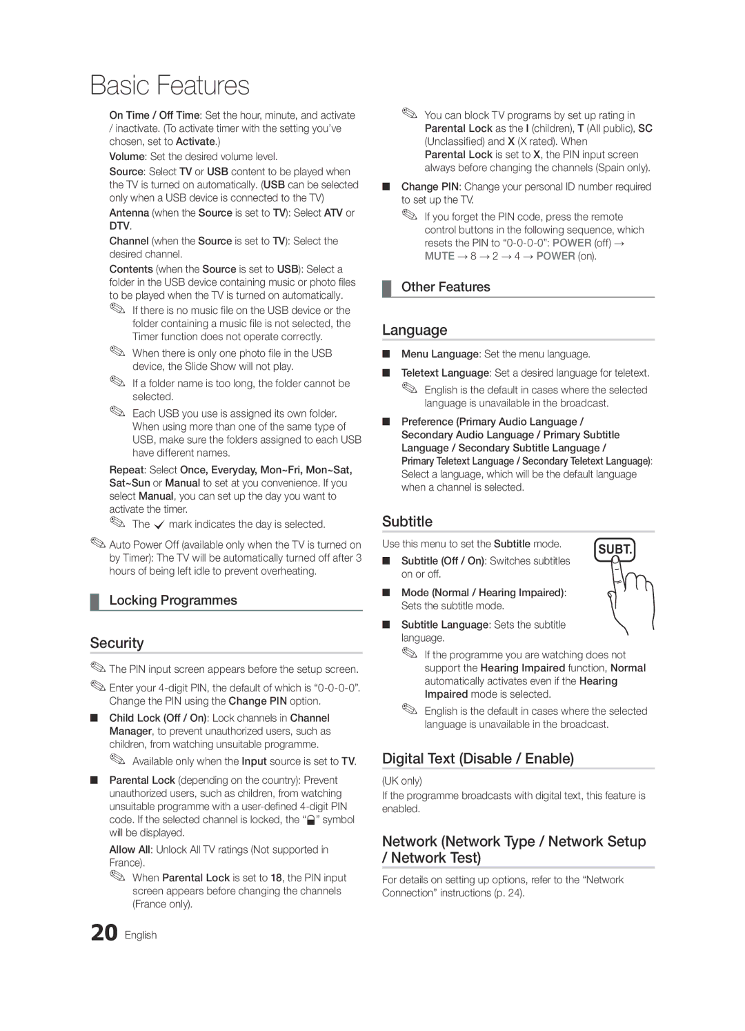 Samsung UE40C5100QWXZG, UE46C5100QWXZG, UE32C5100QWXZG manual Security, Language, Subtitle, Digital Text Disable / Enable 