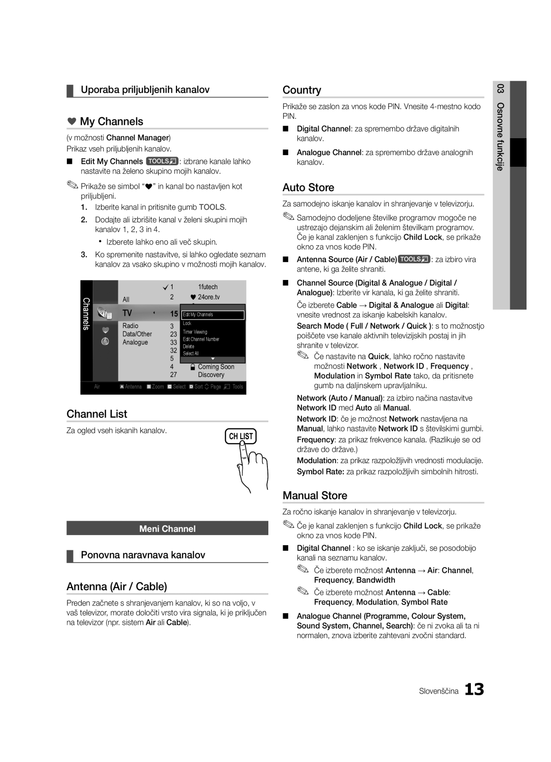 Samsung UE32C5100QWXXC, UE46C5100QWXZG manual Uporaba priljubljenih kanalov, Ponovna naravnava kanalov, Meni Channel 