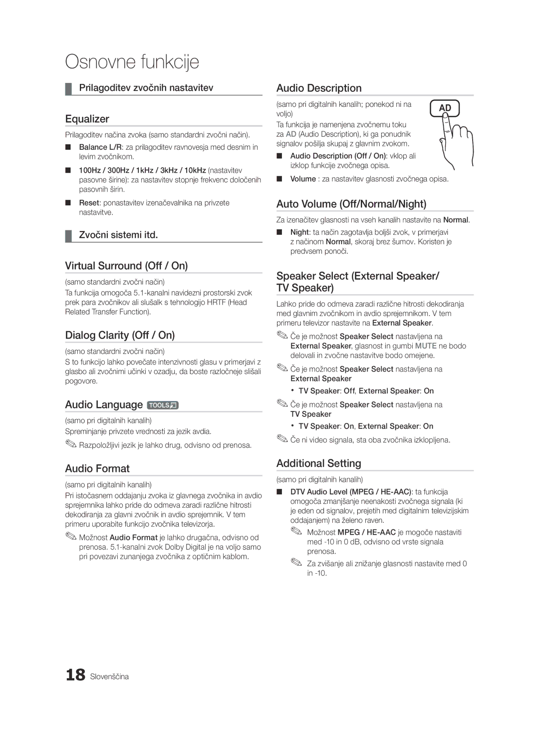 Samsung UE40C5100QWXZG manual Auto Volume Off/Normal/Night, Speaker Select External Speaker/ TV Speaker, Zvočni sistemi itd 