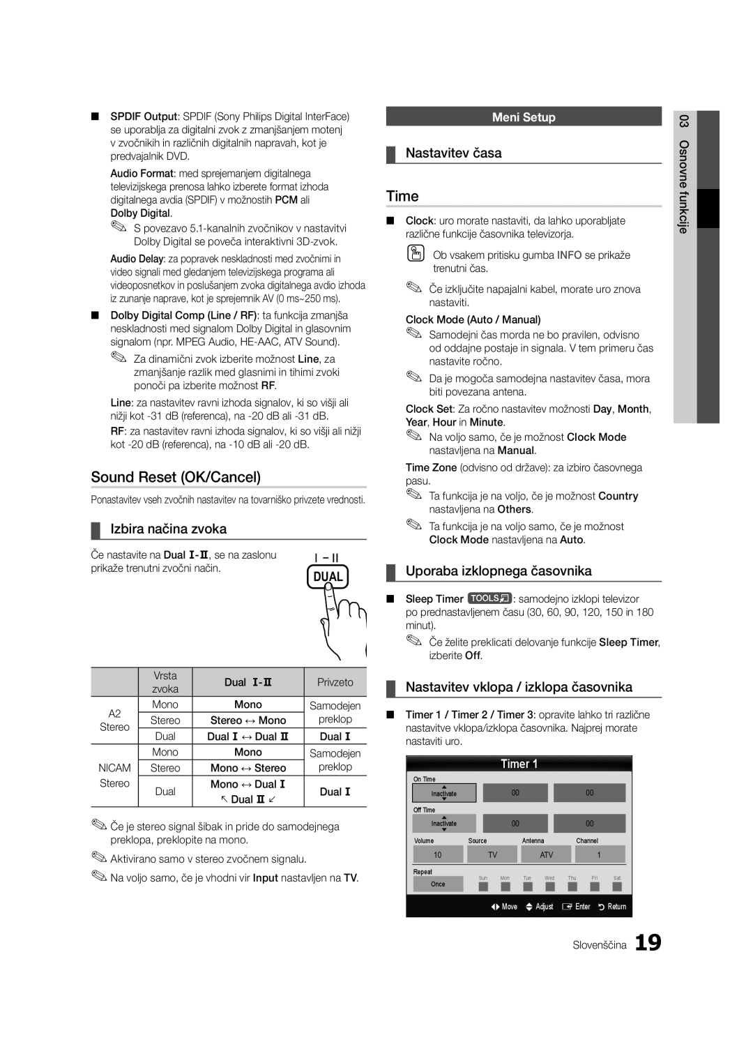 Samsung UE37C5100QWXZG manual Sound Reset OK/Cancel, Izbira načina zvoka, Nastavitev časa, Uporaba izklopnega časovnika 