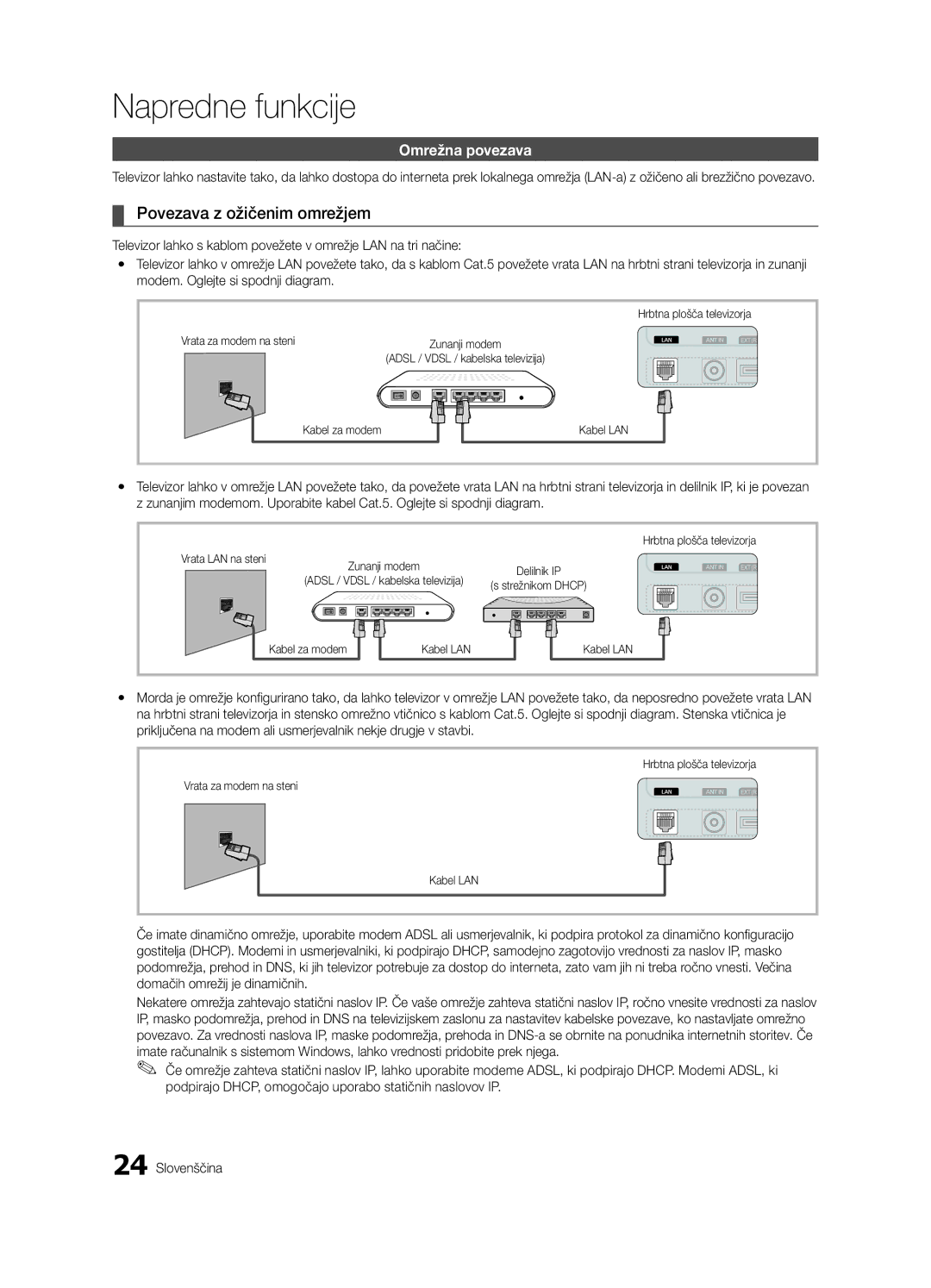 Samsung UE46C5100QWXXU, UE46C5100QWXZG Povezava z ožičenim omrežjem, Omrežna povezava, Vrata za modem na steni, Kabel LAN 