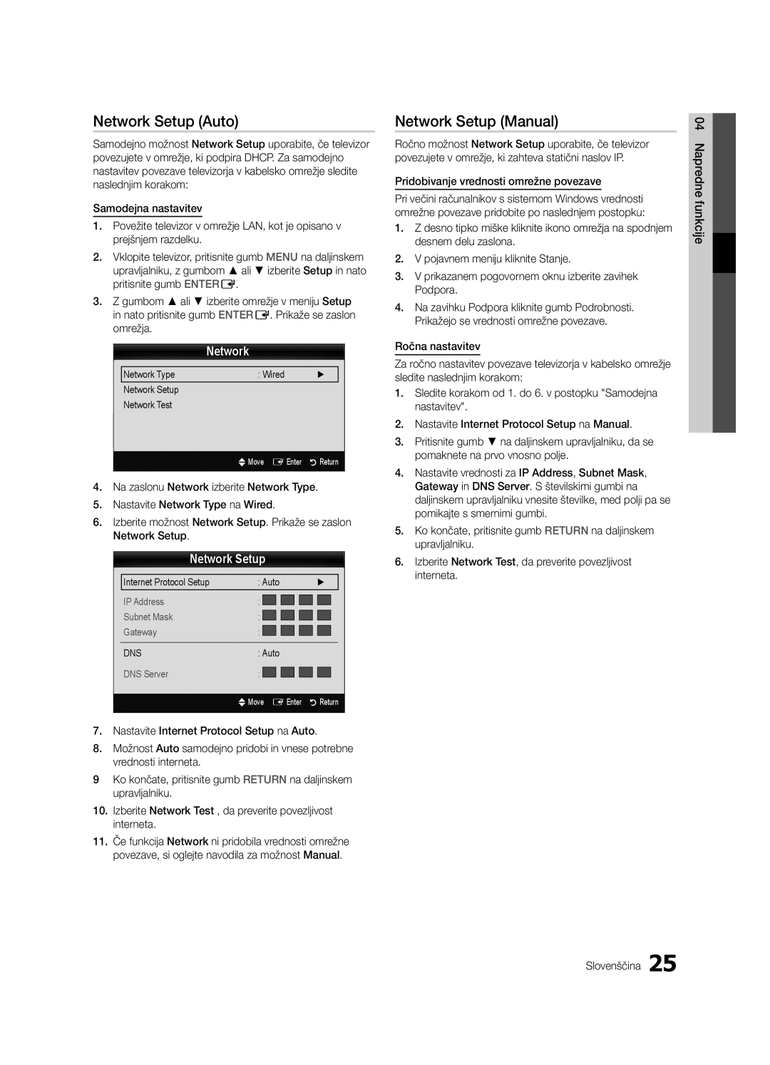 Samsung UE46C5100QWXZG, UE32C5100QWXZG, UE40C5100QWXZG manual Network Setup Auto, Pridobivanje vrednosti omrežne povezave 