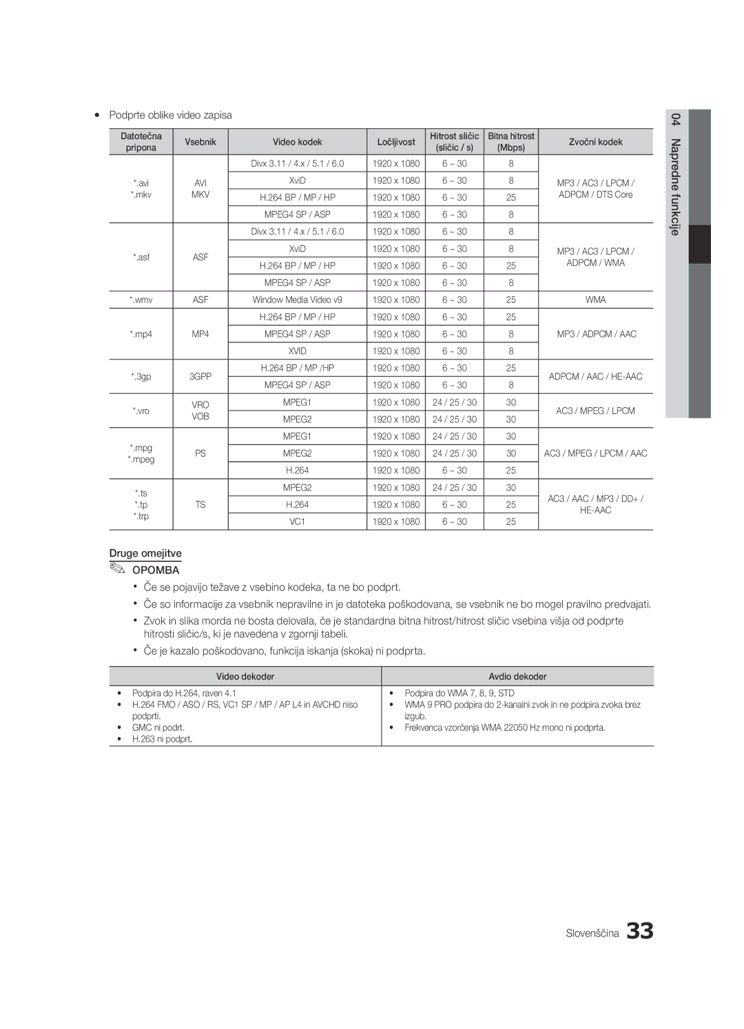 Samsung UE46C5100QWXXU, UE46C5100QWXZG, UE32C5100QWXZG manual Yy Podprte oblike video zapisa, Napredne funkcije Slovenščina 