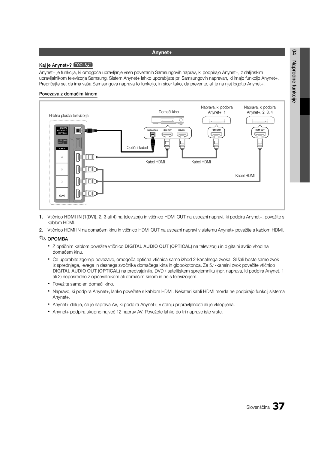 Samsung UE37C5100QWXZG, UE46C5100QWXZG, UE32C5100QWXZG manual Kaj je Anynet+? t, Povezava z domačim kinom, Domači kino 