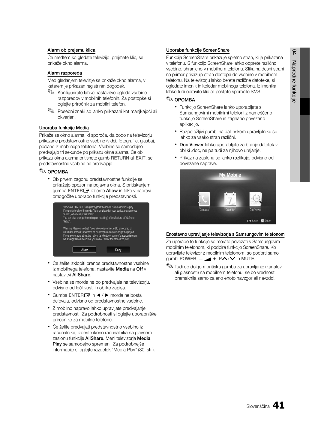 Samsung UE40C5100QWXXC, UE46C5100QWXZG, UE32C5100QWXZG, UE40C5100QWXZG manual My Mobile, Uporaba funkcije ScreenShare 