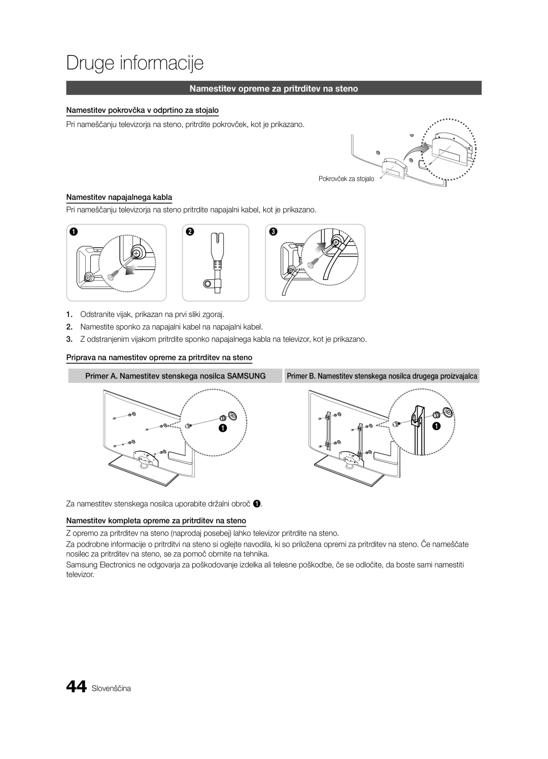 Samsung UE32C5100QWXZG, UE46C5100QWXZG, UE40C5100QWXZG manual Namestitev opreme za pritrditev na steno, Pokrovček za stojalo 