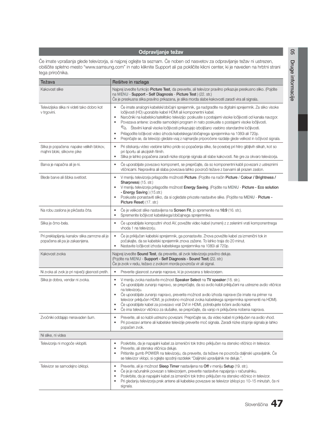 Samsung UE46C5100QWXXC, UE46C5100QWXZG manual Odpravljanje težav, Težava Rešitve in razlaga, Druge informacije Slovenščina 