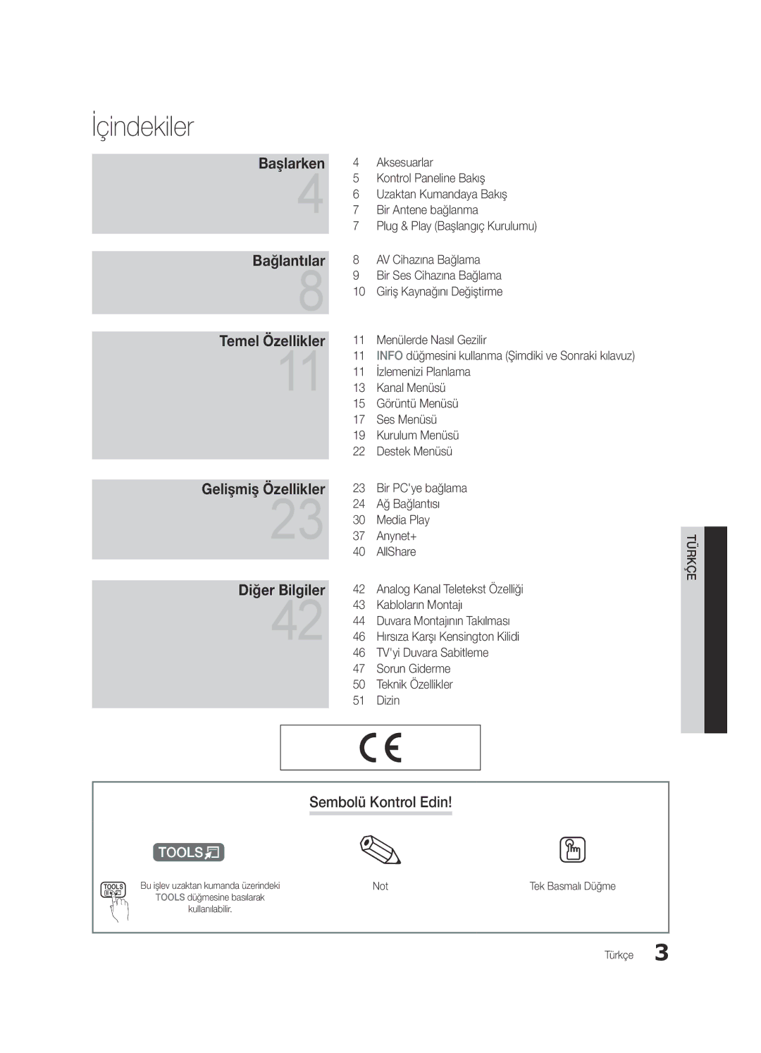 Samsung UE32C5100QWXZG, UE46C5100QWXZG, UE40C5100QWXZG, UE37C5100QWXZG, UE46C5100QWXXC manual İçindekiler, Sembolü Kontrol Edin 