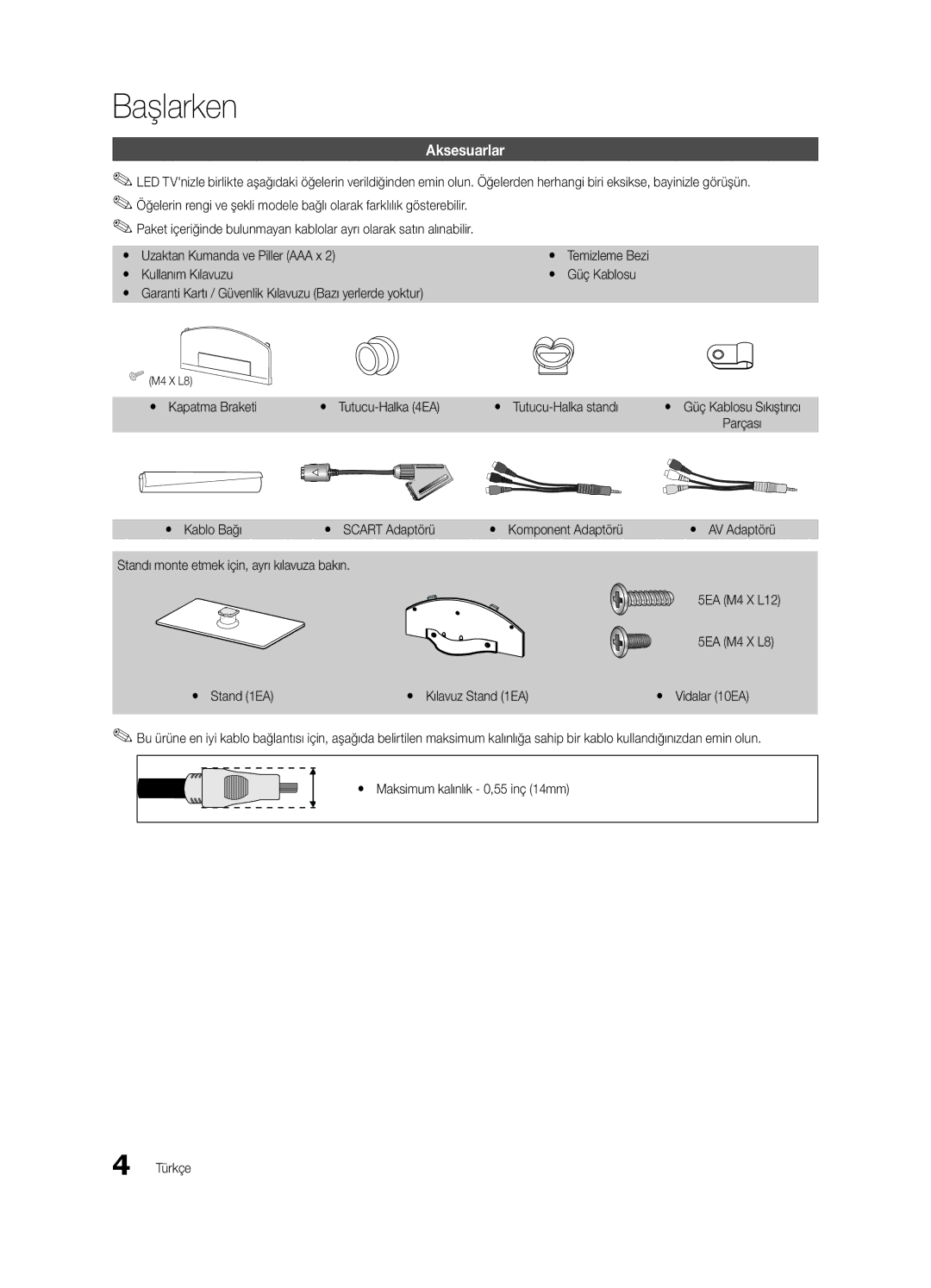 Samsung UE40C5100QWXZG manual Başlarken, Aksesuarlar, Parçası, Yy Kablo Bağı Yy Scart Adaptörü Yy Komponent Adaptörü 