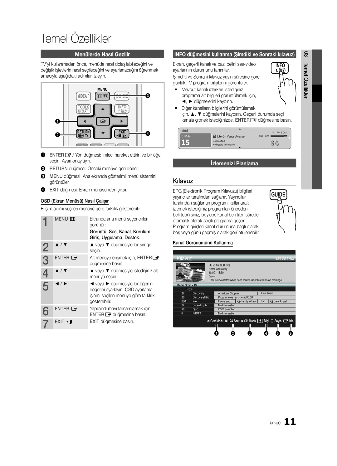 Samsung UE46C5100QWXZG, UE32C5100QWXZG, UE40C5100QWXZG, UE37C5100QWXZG manual Temel Özellikler, Kılavuz, İzlemenizi Planlama 