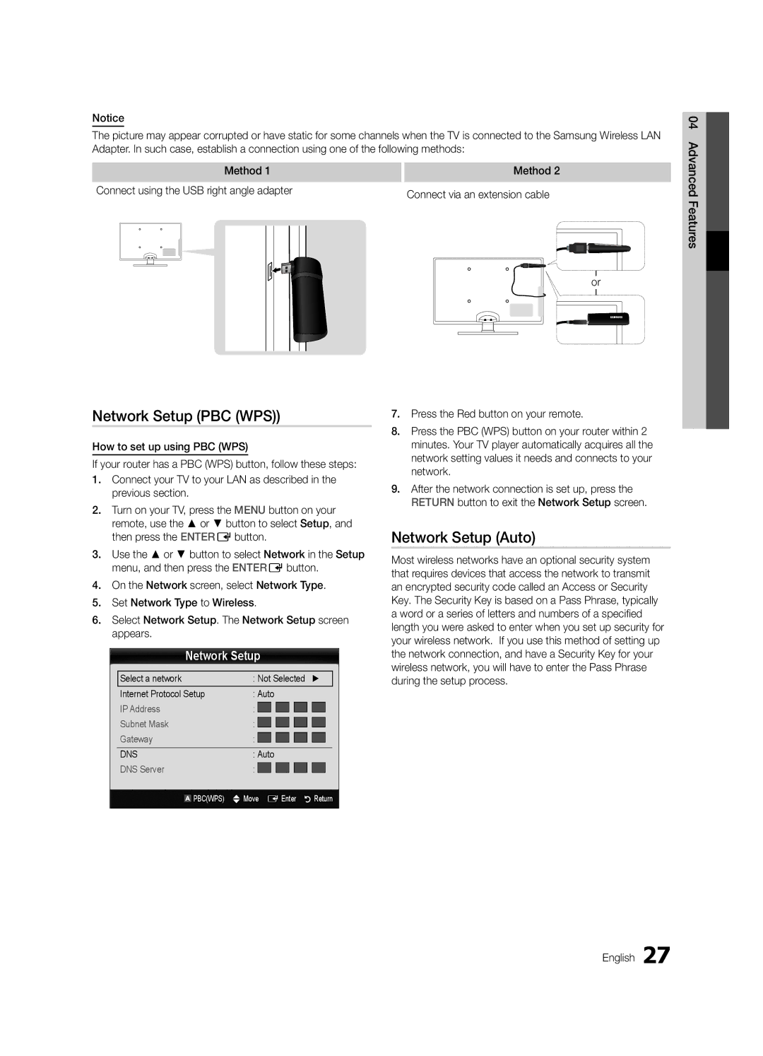 Samsung UE46C5100QWXZG Network Setup PBC WPS, Press the Red button on your remote, Connect via an extension cable, English 