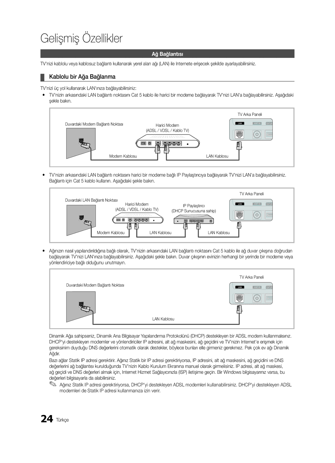 Samsung UE46C5100QWXXC Kablolu bir Ağa Bağlanma, Ağ Bağlantısı, Bağlantı için Cat 5 kablo kullanın. Aşağıdaki şekle bakın 