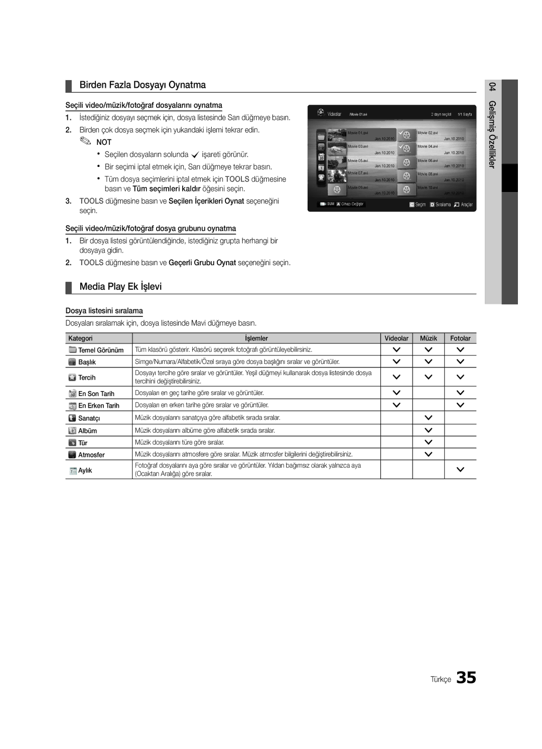 Samsung UE32C5100QWXXC manual Birden Fazla Dosyayı Oynatma, Media Play Ek İşlevi, Tercihini değiştirebilirsiniz, Aylık 