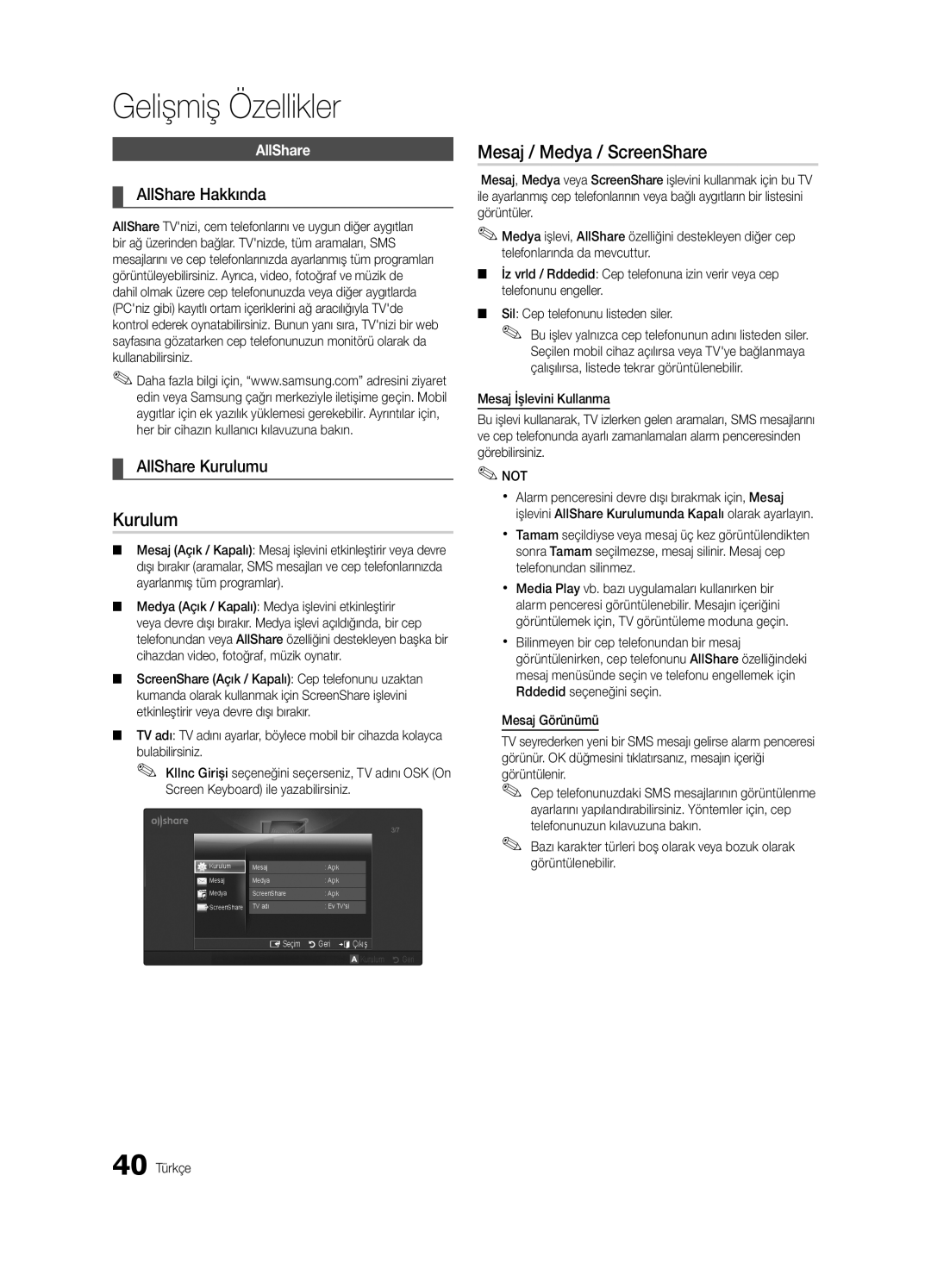 Samsung UE40C5100QWXZG, UE46C5100QWXZG manual Mesaj / Medya / ScreenShare, AllShare Hakkında, AllShare Kurulumu 