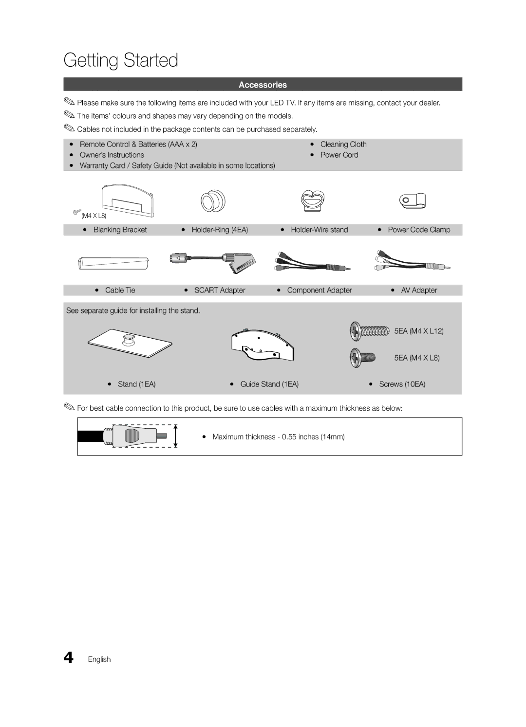 Samsung UE46C5100QWXXC manual Getting Started, Accessories, Yy Blanking Bracket Yy Holder-Ring 4EA Yy Holder-Wire stand 