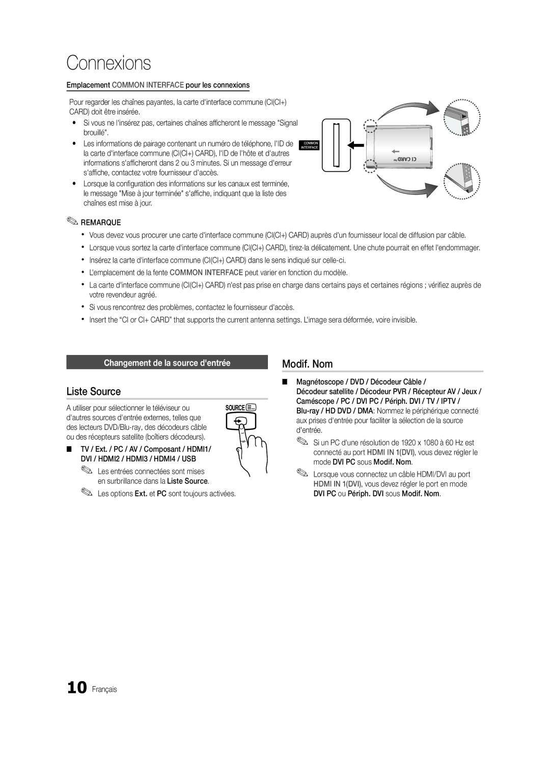 Samsung UE32C5100QWXXC, UE46C5100QWXZG, UE32C5100QWXZG manual Liste Source, Modif. Nom, Changement de la source dentrée 