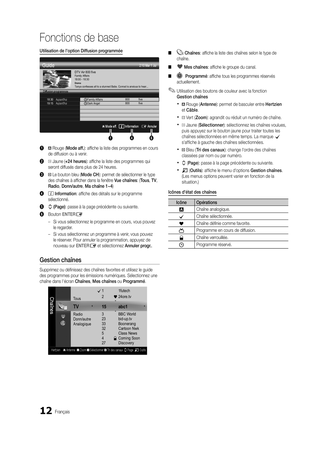 Samsung UE46C5100QWXXU manual Gestion chaînes, Utilisation de loption Diffusion programmée, Tous 24ore.tv, Opérations 