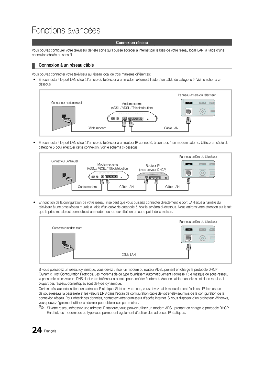 Samsung UE40C5100QWXZG manual Connexion à un réseau câblé, Connexion réseau, Connecteur modem mural, Câble modem Câble LAN 