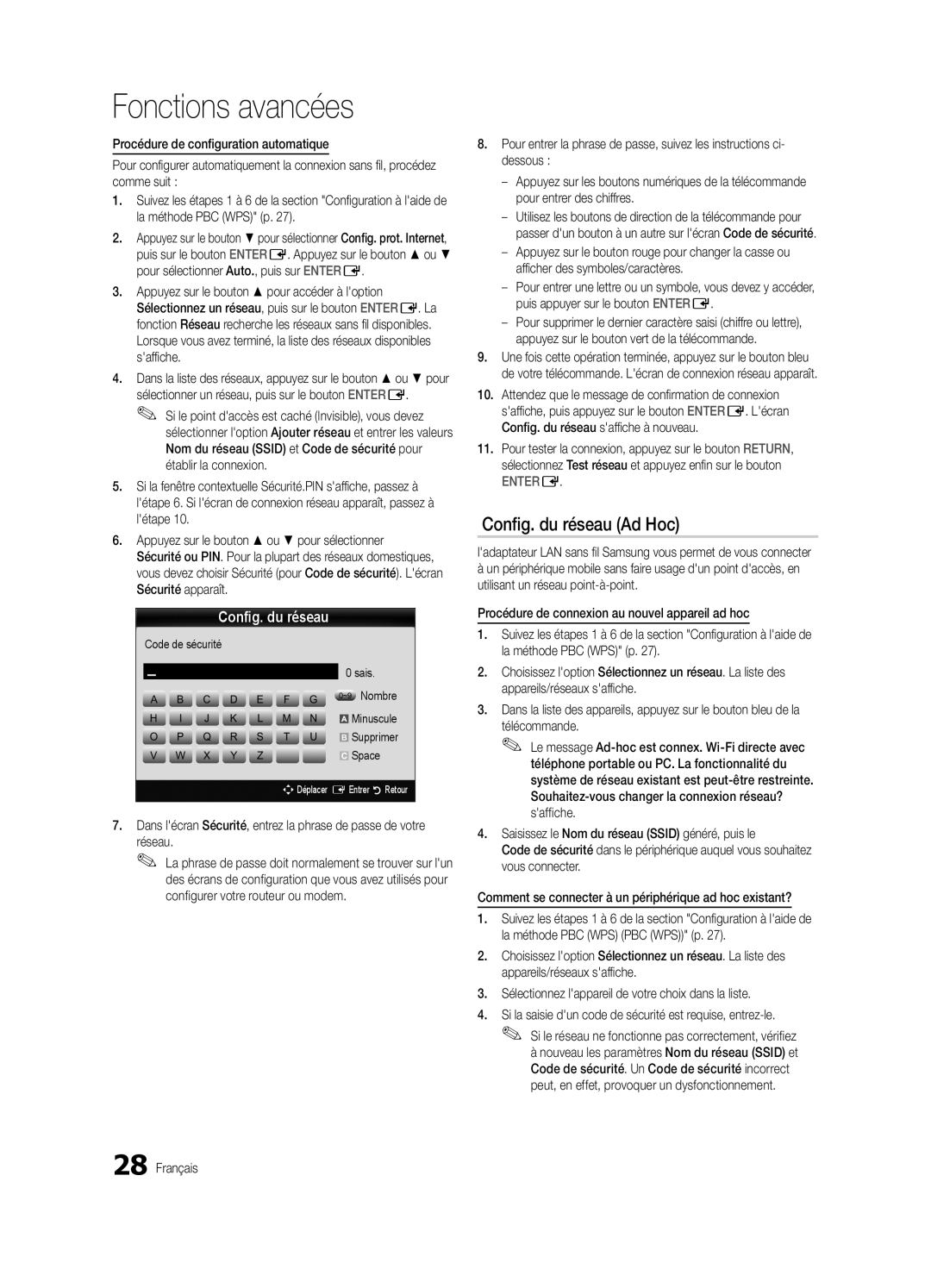 Samsung UE32C5100QWXXC, UE46C5100QWXZG Config. du réseau Ad Hoc, Réseau, Code de sécurité Sais ~9 Nombre Minuscule, Space 