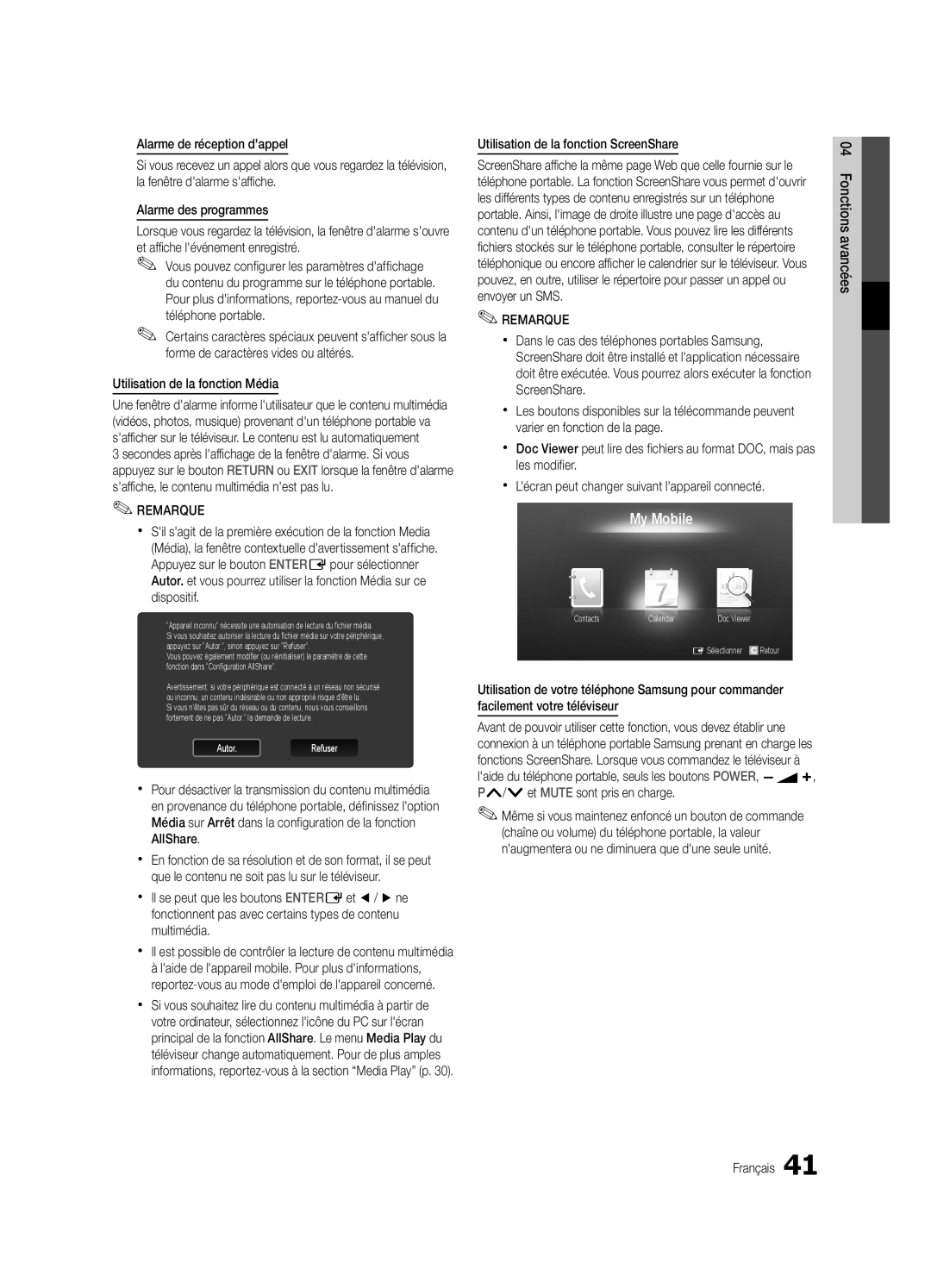 Samsung UE32C5100QWXZG, UE46C5100QWXZG, UE40C5100QWXZG manual Alarme de réception dappel, Utilisation de la fonction Média 