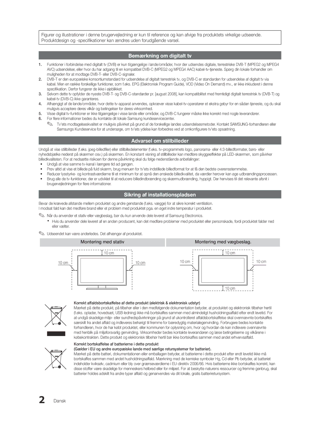 Samsung UE32C5100QWXXN, UE46C5100QWXZG, UE40C5100QWXXN, UE32C5100QWXZG, UE40C5100QWXZG manual Montering med vægbeslag, Dansk 