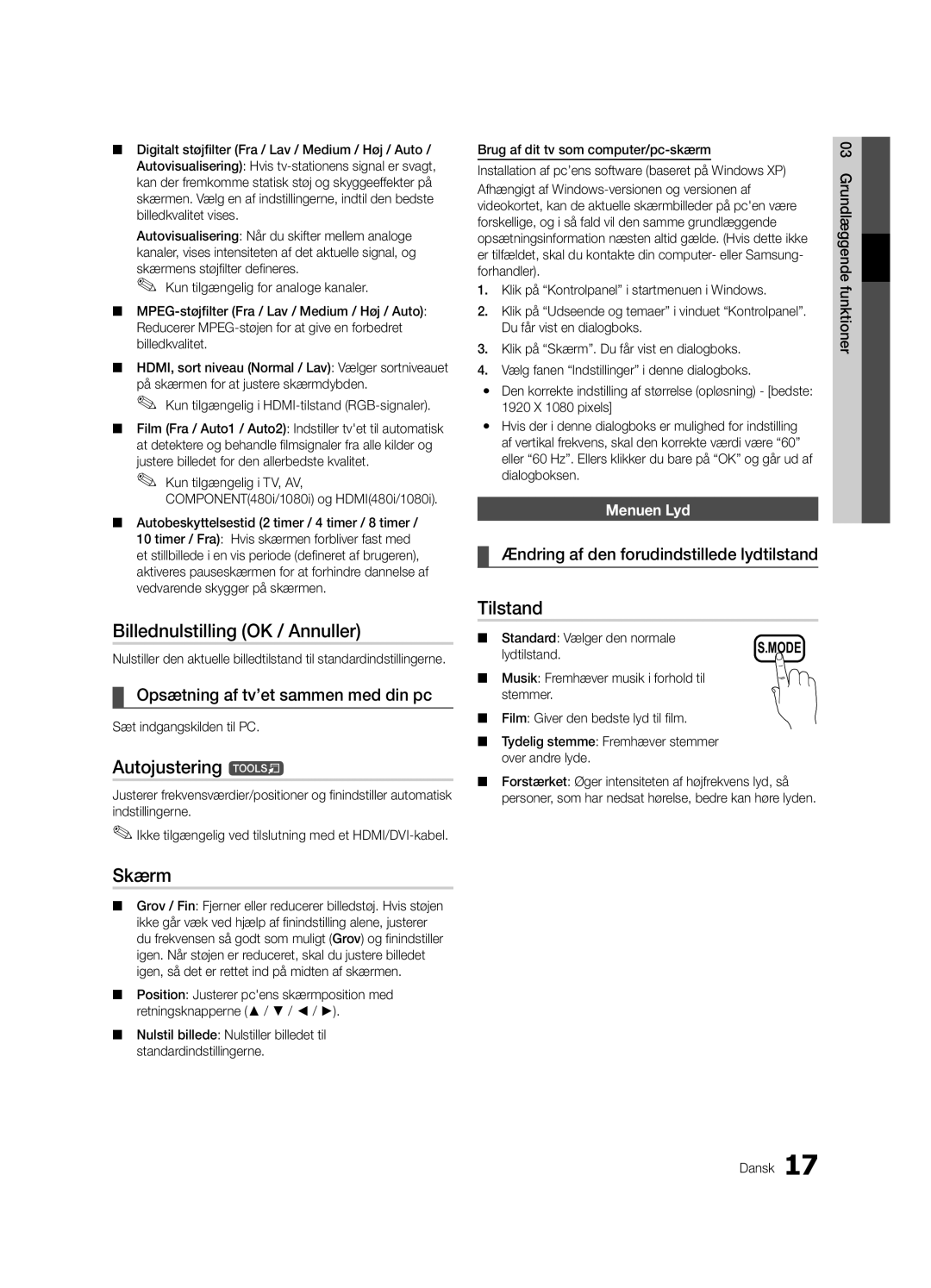 Samsung UE37C5100QWXZT manual Billednulstilling OK / Annuller, Skærm, Opsætning af tv’et sammen med din pc, Menuen Lyd 