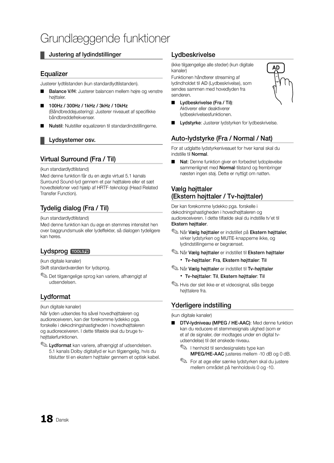 Samsung UE32C5100QWXZT manual Lydbeskrivelse, Virtual Surround Fra / Til, Tydelig dialog Fra / Til, Lydsprog t, Lydformat 