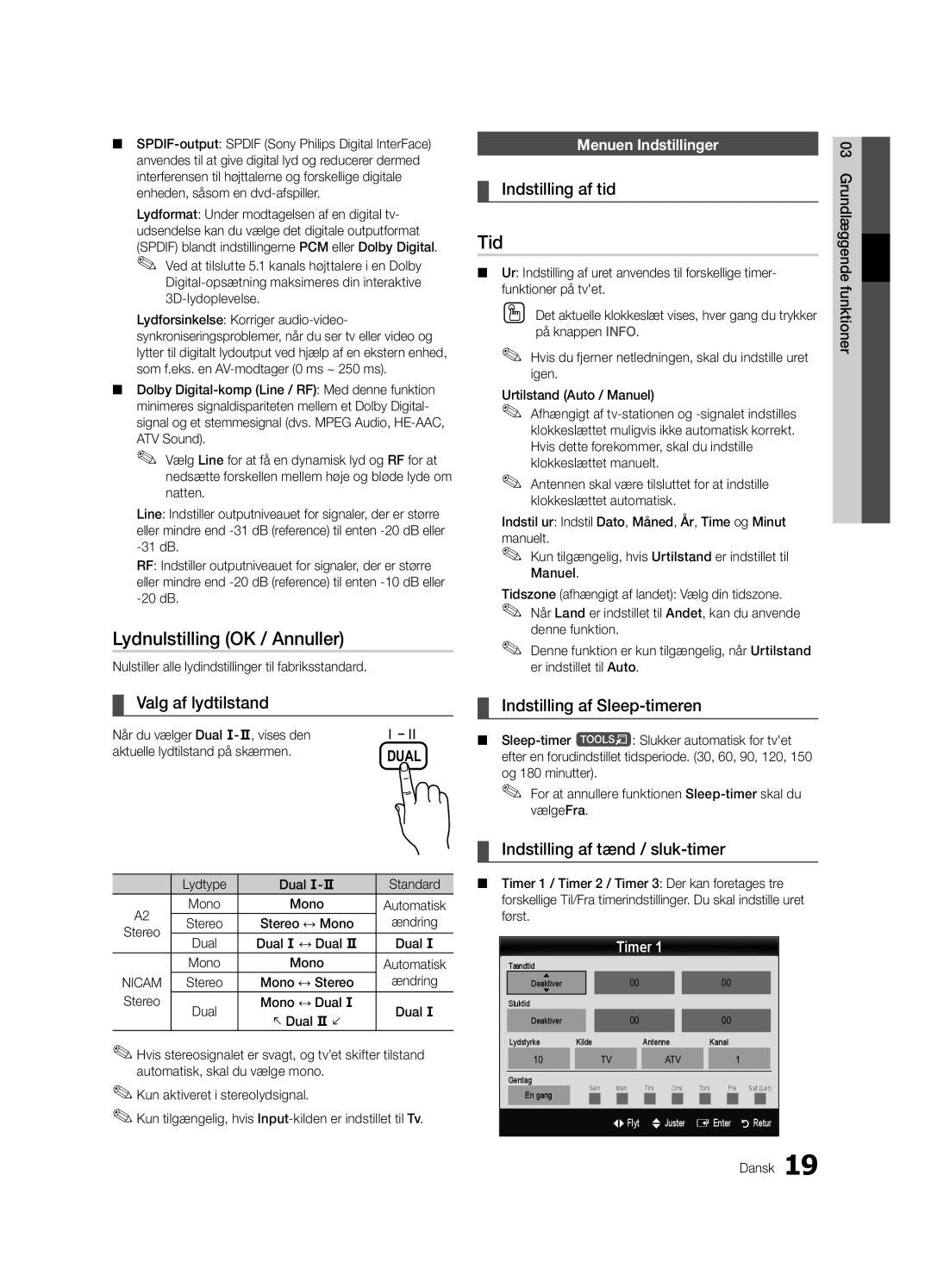 Samsung UE46C5100QWXZT Lydnulstilling OK / Annuller, Indstilling af tid, Valg af lydtilstand, Indstilling af Sleep-timeren 