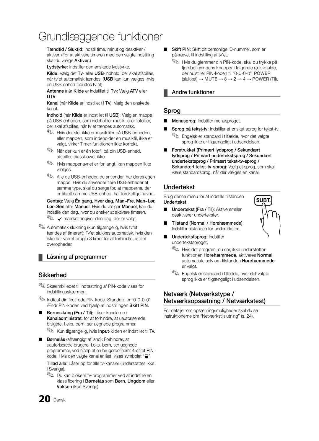 Samsung UE46C5100QWXXU manual Sikkerhed, Sprog, Undertekst, Netværk Netværkstype / Netværksopsætning / Netværkstest 