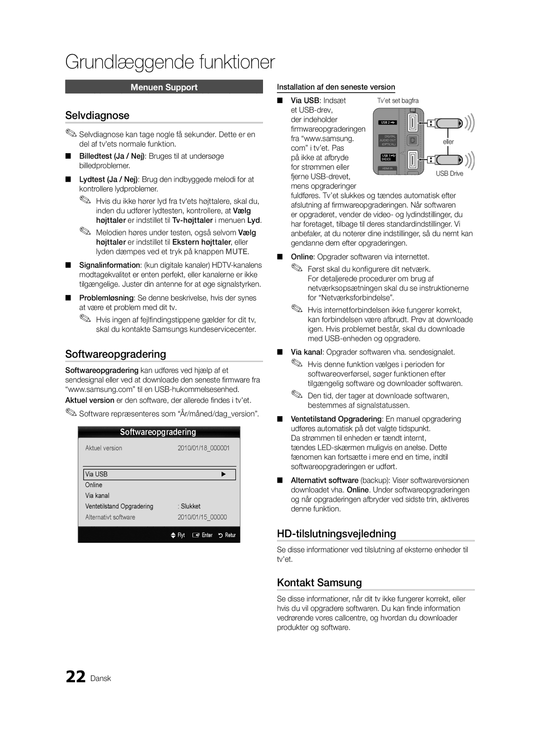 Samsung UE37C5105QWXXE, UE46C5100QWXZG manual Selvdiagnose, Softwareopgradering, HD-tilslutningsvejledning, Kontakt Samsung 