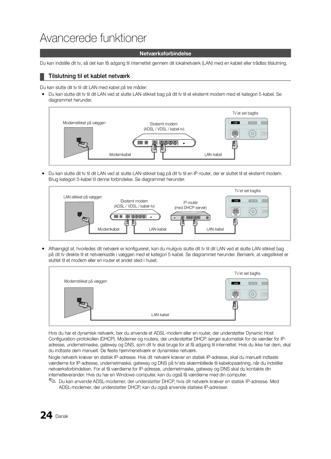 Samsung UE32C5105QWXXE, UE46C5100QWXZG manual Tilslutning til et kablet netværk, Netværksforbindelse, Modemstikket på væggen 